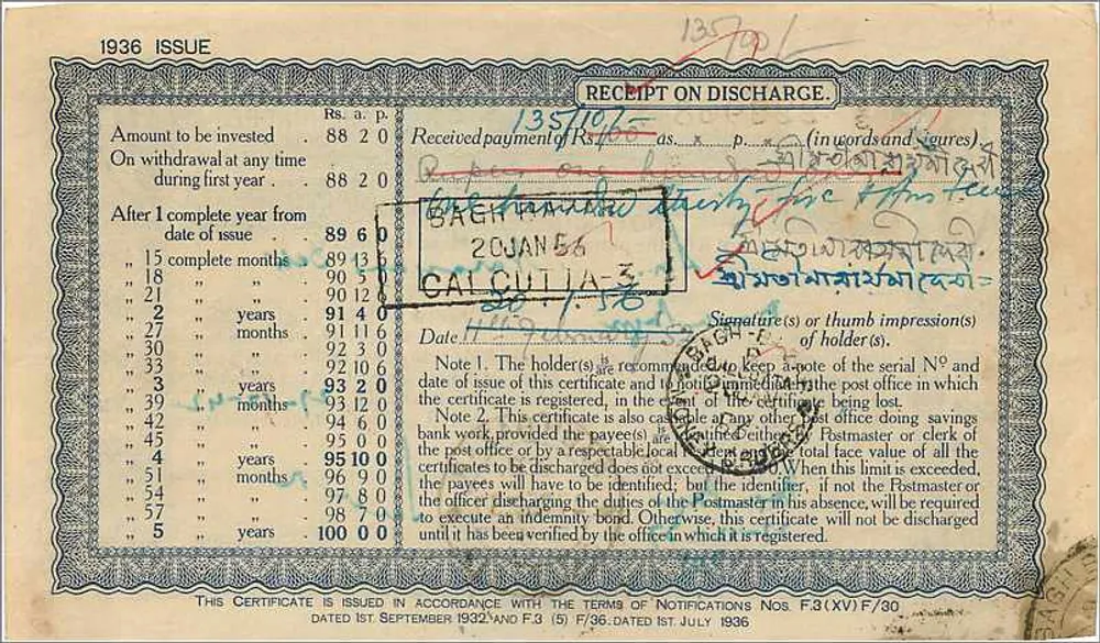 Certificado em espécie de 100 roupias — 5 anos — Escritório de correios de Calcutá — série 222968 - Verso