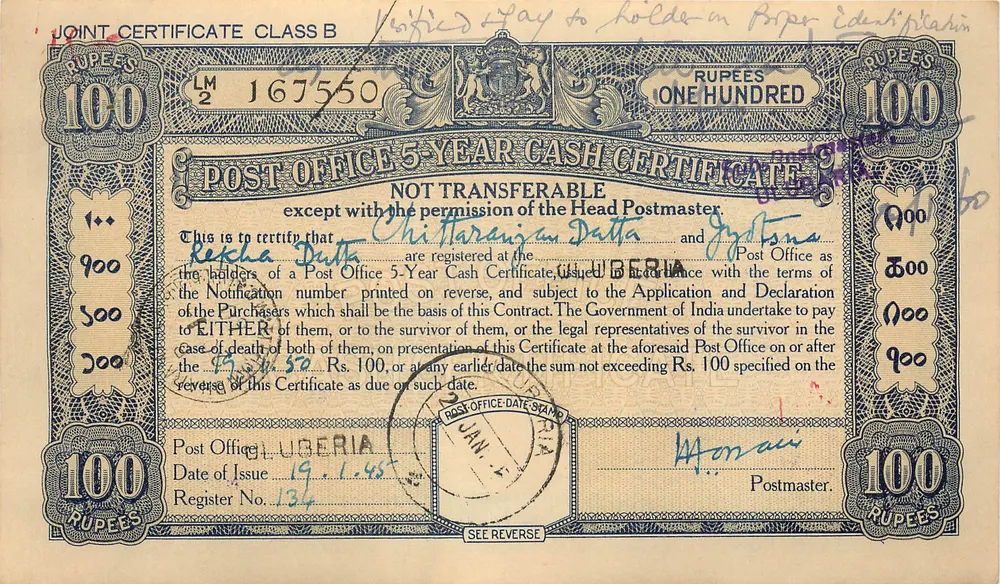 Certificado de 100 roupias — Post Office — Uderia — 1946 - Frente
