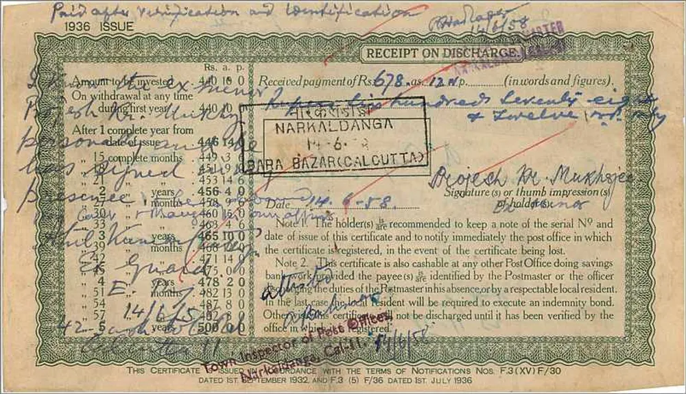 Certificado em espécie de 500 roupias — Bureau de poste de Bazar, Calcutta — Série H 166349 - Verso