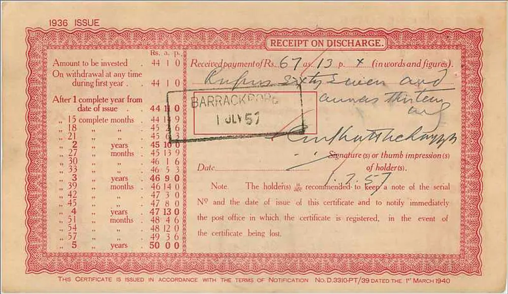Barrackpore - Certificado de cinquenta roupias — Post Office — Certificado de 5 anos — editor: Government of India — n° de série QR 039746 - Verso
