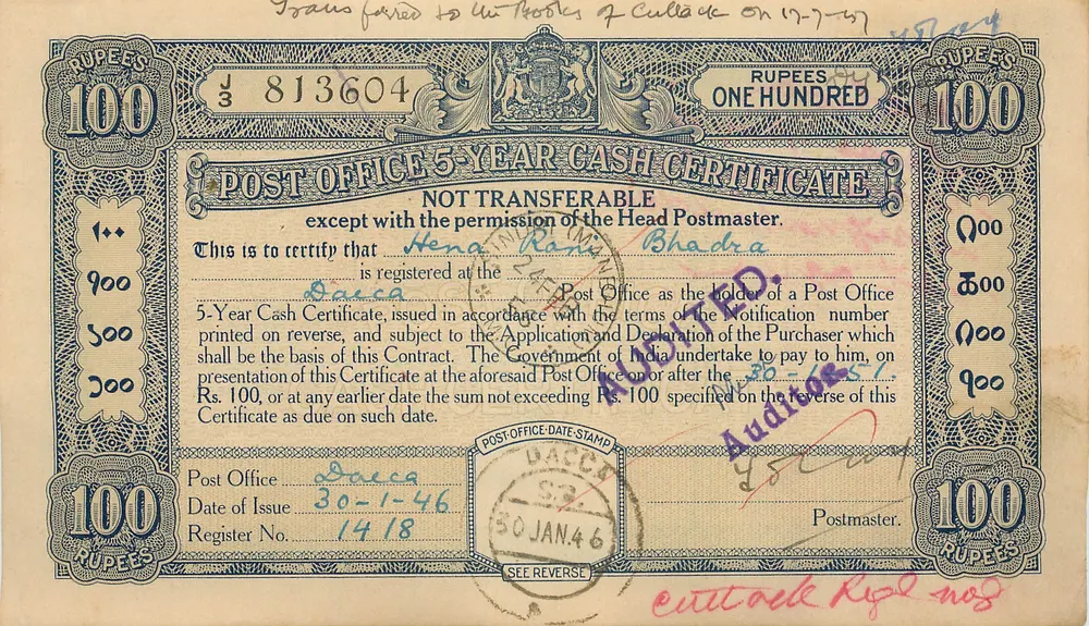 Bhadrā — Certificado de dinheiro de 100 rupias — Post Office, Índia - Frente