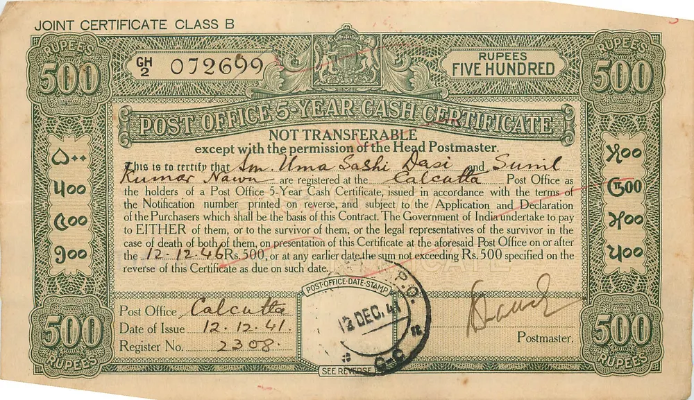 Certificado de dinheiro de escritório de correios — 500 rupias — Calcutá — série GH 072699 - Frente