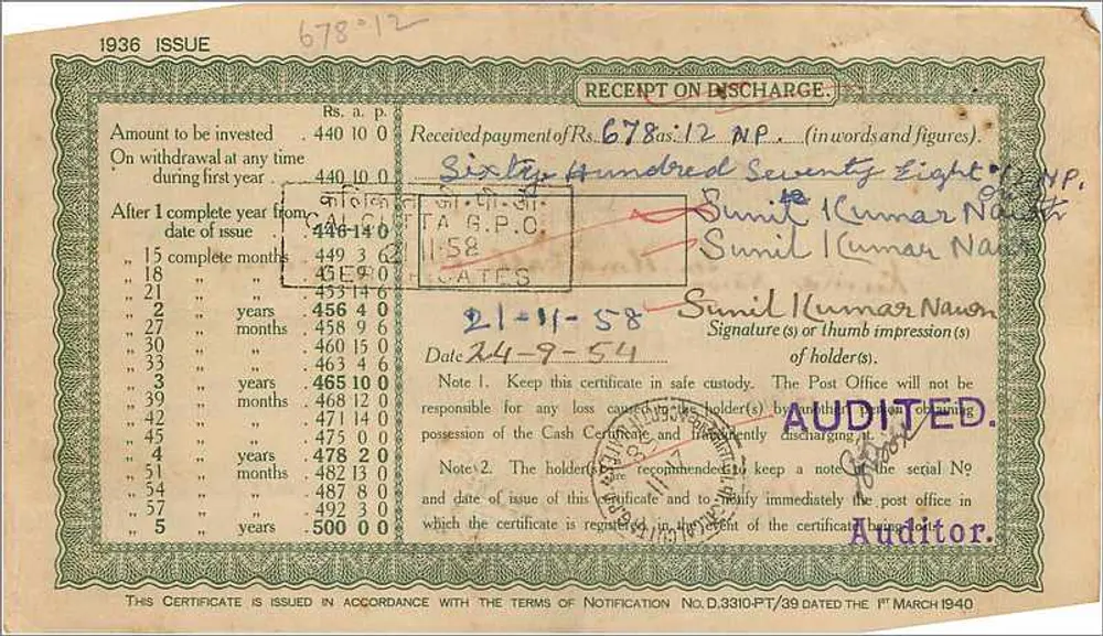 Certificado de dinheiro de escritório de correios — 500 rupias — Calcutá — série GH 072699 - Verso