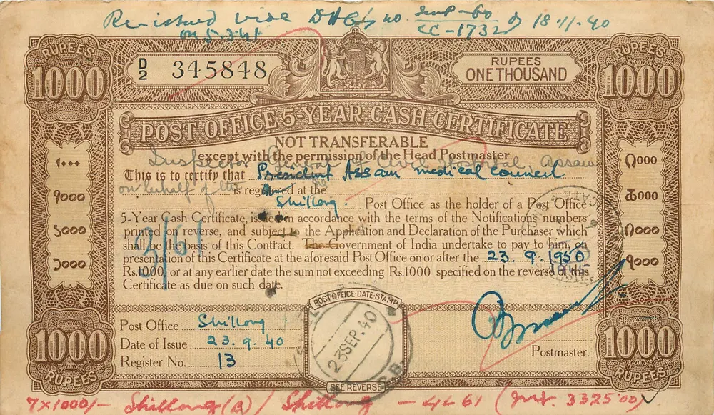 Certificado de dinheiro postal de 1000 rupias — Shillong — edição de 1940 - Frente