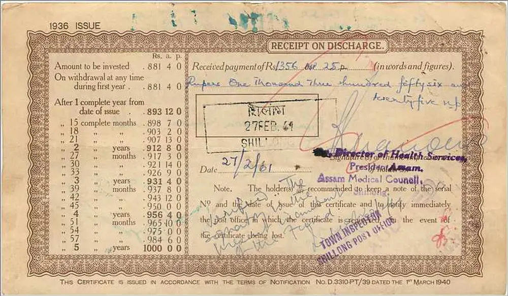 Certificado de dinheiro postal de 1000 rupias — Shillong — edição de 1940 - Verso