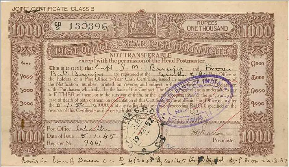 Certificado de caixa postal anexa de 1000 roupias — Índia — série 130396 - Frente