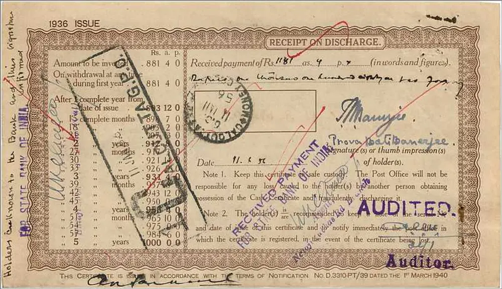 Certificado de caixa postal anexa de 1000 roupias — Índia — série 130396 - Verso
