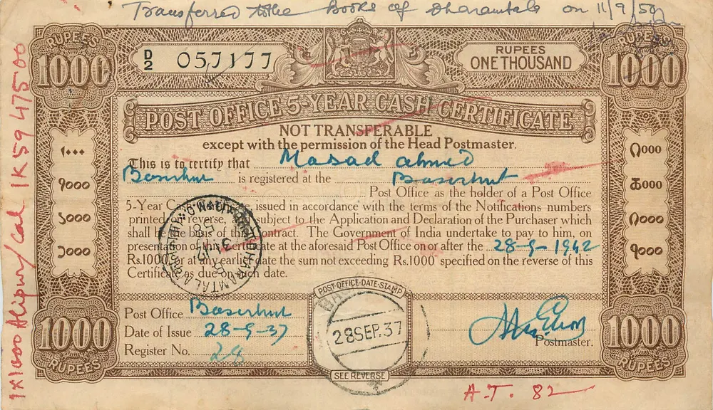 Certificado de dinheiro postal de 1000 rupias — 5 anos — emitido em Rasulnagar, Índia — série 24 - Frente