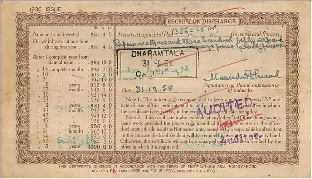 Certificado de dinheiro postal de 1000 rupias — 5 anos — emitido em Rasulnagar, Índia — série 24 - Verso