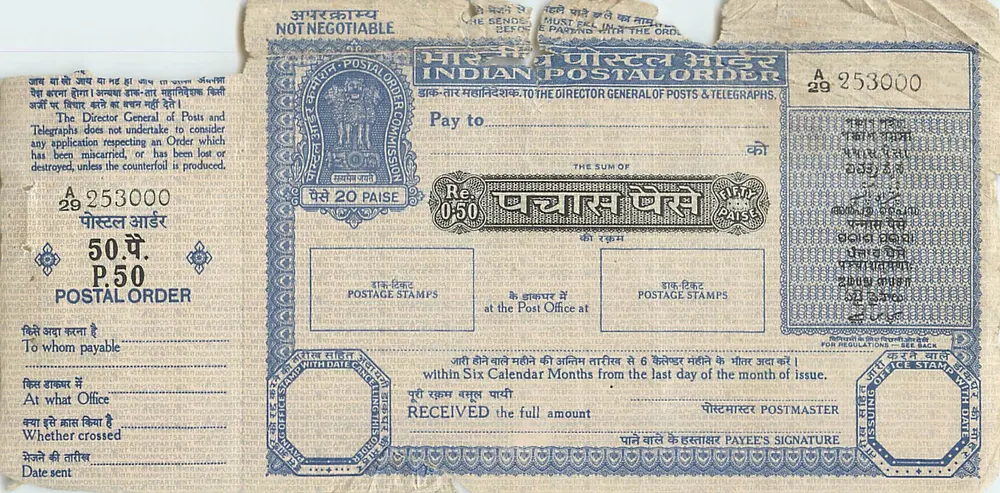 Ordem postal indiana — 50 pence — editor: Indian Postal Order Commission - Frente