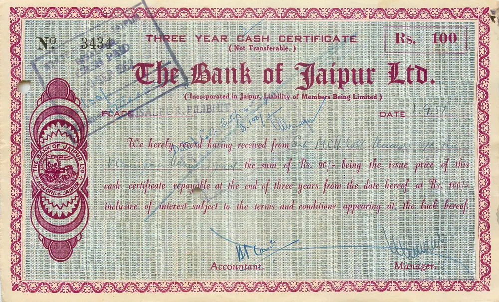 Drei-Jahres-Treasury-Zertifikat — The Bank of Jaipur Ltd. — Nr. 3434 — Rs. 100 - Vorderseite