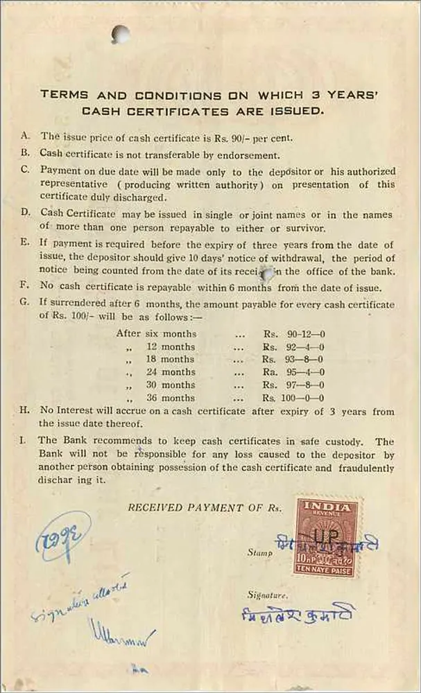 Drei-Jahres-Treasury-Zertifikat — The Bank of Jaipur Ltd. — Nr. 3434 — Rs. 100 - Rückseite