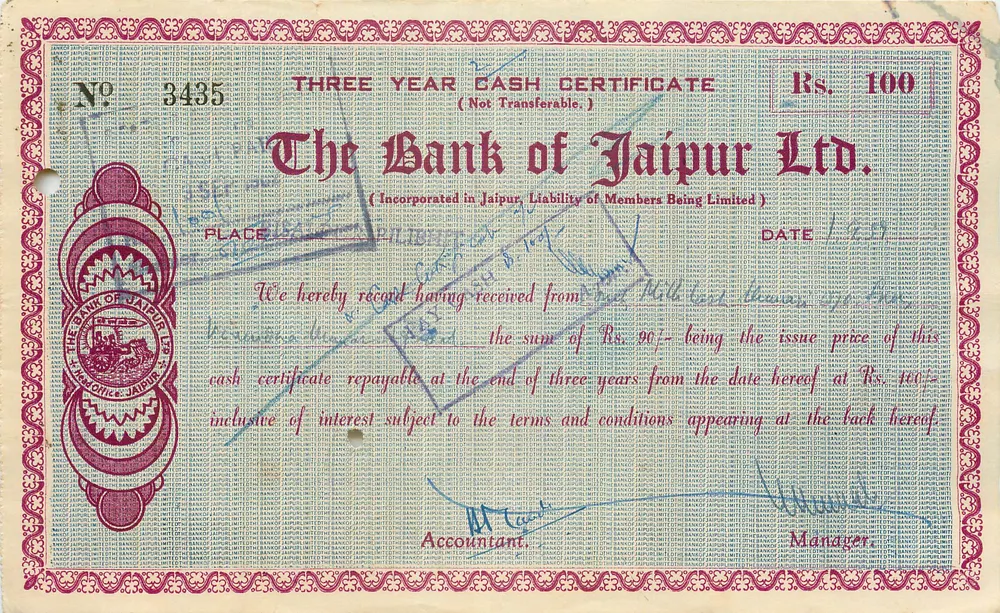 Drei-Jahres-Zertifikat — The Bank of Jaipur Ltd. — Nr. 3435 - Vorderseite