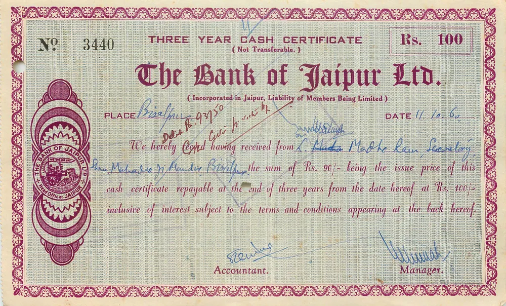 Drei-Jahres-Treasury-Zertifikat — The Bank of Jaipur Ltd. — Nr. 3440 - Vorderseite