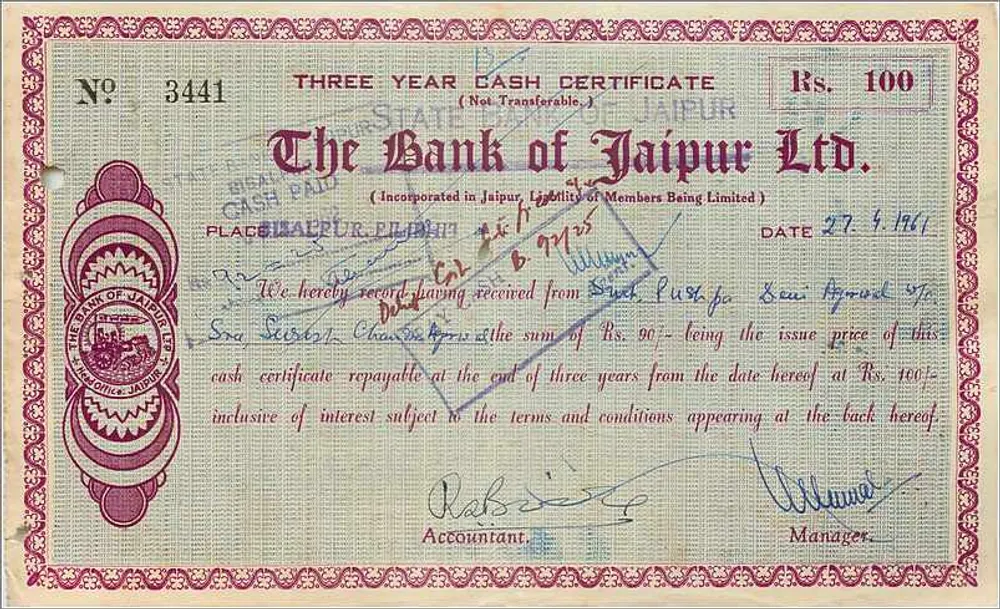 Drei-Jahres-Schatzbrief — The Bank of Jaipur Ltd. — Nr. 3441 — Rs. 100 - Vorderseite