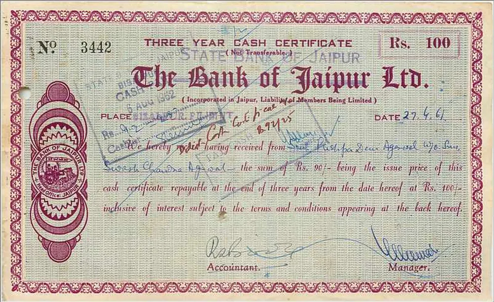 Drei-Jahres-Kassebescheinigung — The Bank of Jaipur Ltd. — Nr. 3442 — Rs. 100 - Vorderseite