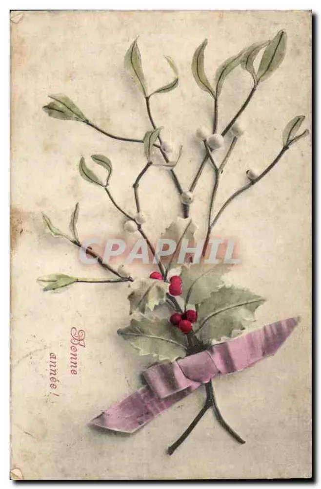 Holly- und Efeubouquet — mit einem rosa Band dekoriert — Verlag Annelé - Vorderseite