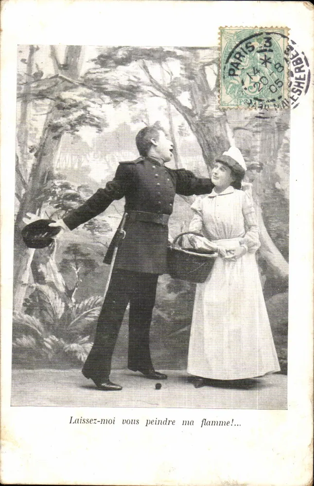 Scène de théâtre — Soldat et femme — éditeur non visible - Recto