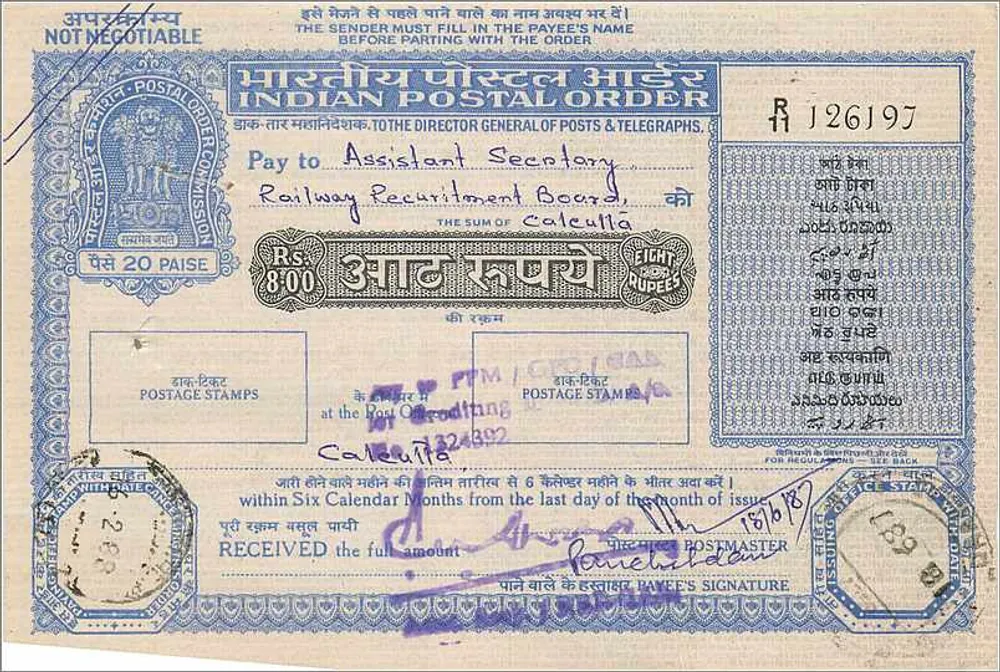 Ordem postal indiana — 8 roupias — destinada ao Departamento de Recrutamento dos Ferrovias de Calcutta — editor: Indian Postal Order Commission - Frente