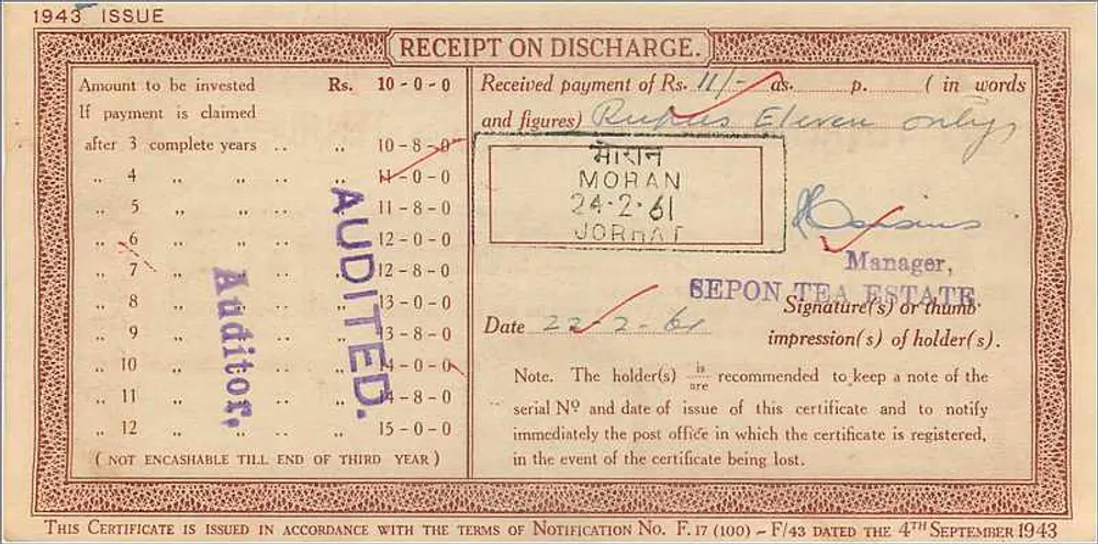 Certificado de depósito nacional de 10 roupias — edição 1943 — editor: Post Office, Sopore - Verso