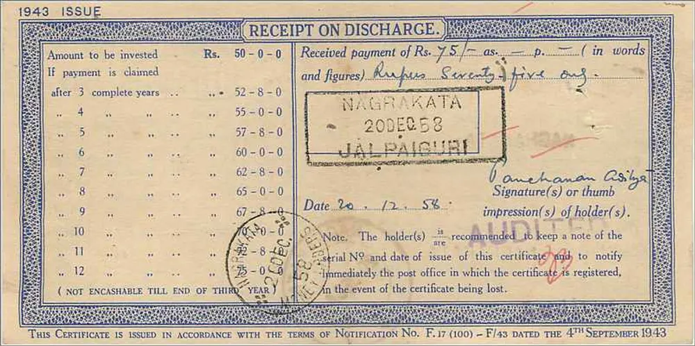 Nagarakata — Certifikat depozytu narodowego 50 rupii — Urząd pocztowy - Rewers