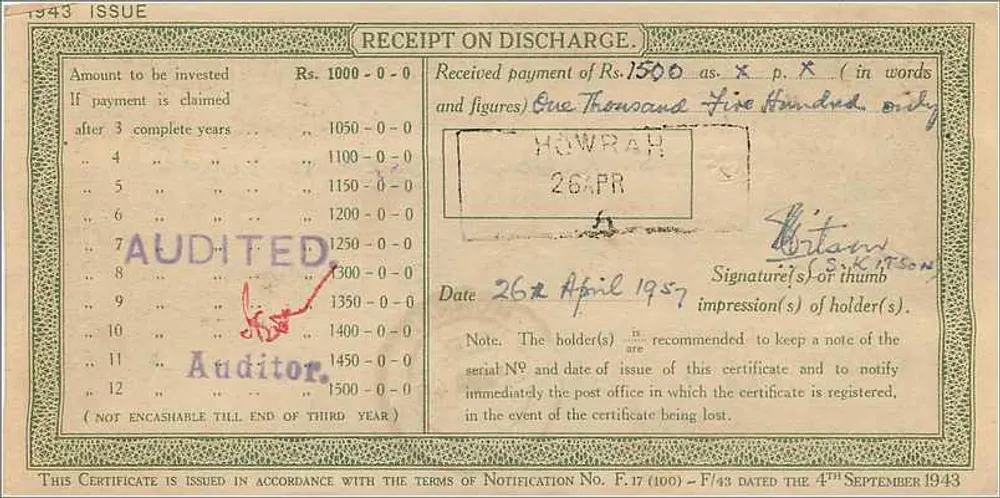 Certificado de depósito nacional da postagem — 1 000 rupias — editor: Post Office, série NS/ B 031715 - Verso