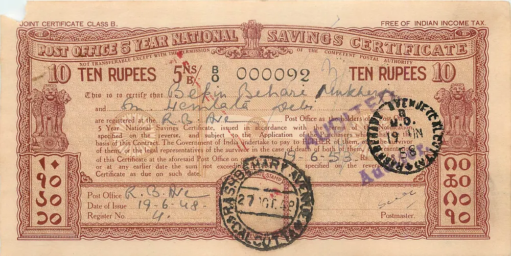 Certificado de colocação nacional de 5 anos — 10 roupis — editor: Post Office, série B, n° 000092 - Frente