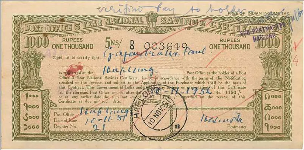 Lakhimpur — Certificado de depósito postal de 1000 roupias — edição 1948 - Frente