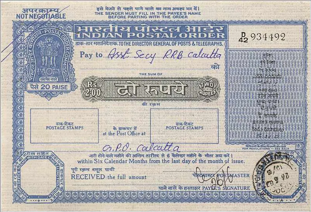 Ordem postal indiana — 20 paise — editor: Comissão de Correios e Telégrafos da Índia, n° série 934492 - Frente