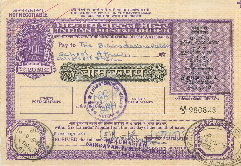 Ordem postal indiana — 20 roupias — editor: Indian Postal Commission - Frente