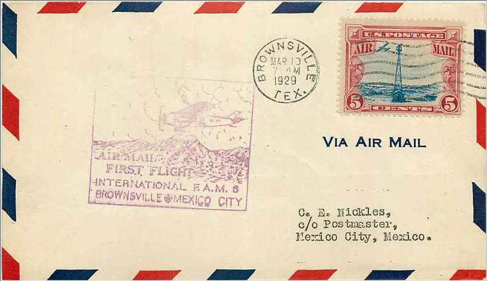 Erster internationaler Flug Brownsville-Mexico City — Brownsville, Texas, 1929 — U.S. Post Office - Vorderseite