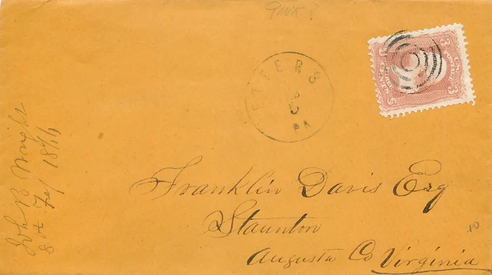 Franklin Davis Esq — Staunton, Augusta, Virginia — 3-Cent-Rosentempel, Poststempel 'PETERSBURG VA' - Vorderseite