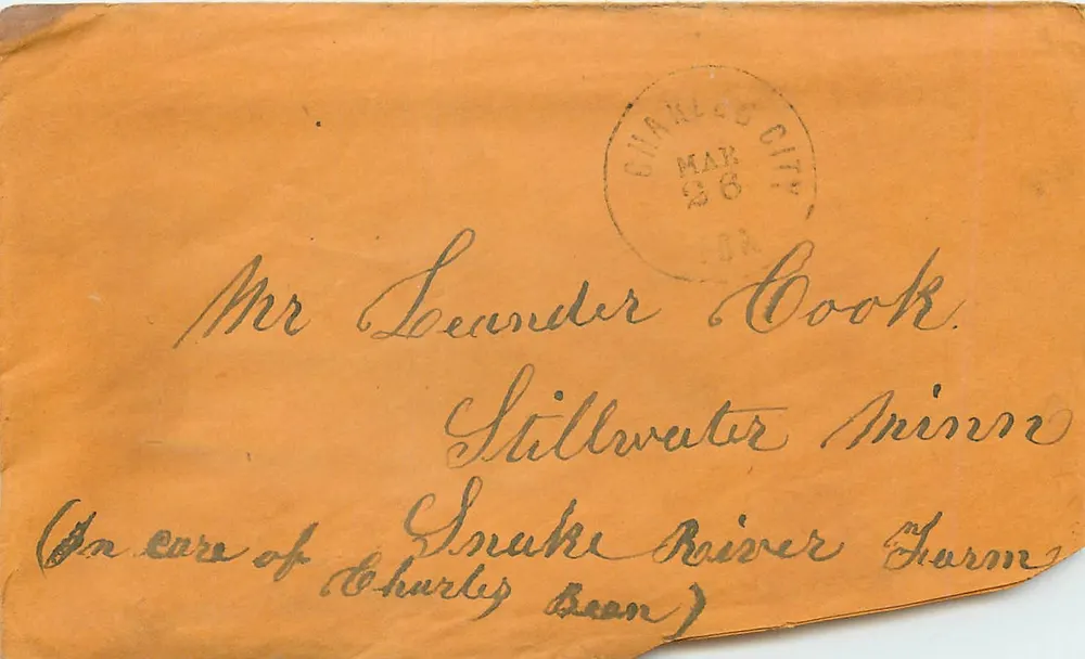 Charles City — enveloppe à l'adresse de Mr. Leander Cook à Stillwater, Minnesota — timbre postal et cachet de Charles City, 26 mars 1903 - Recto