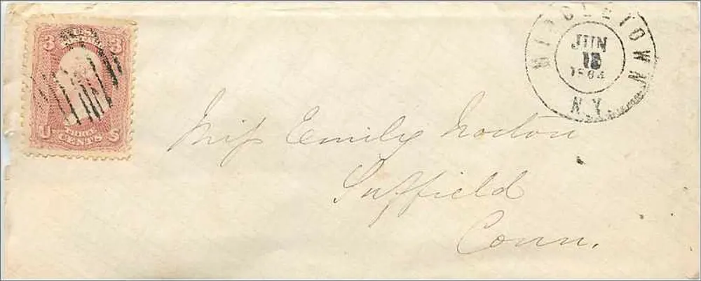 Carte postale ancienne — timbre 3 cents, oblitération 'WILKESBARRE PA 1864' — destinataire à Suffield, Conn. - Frente