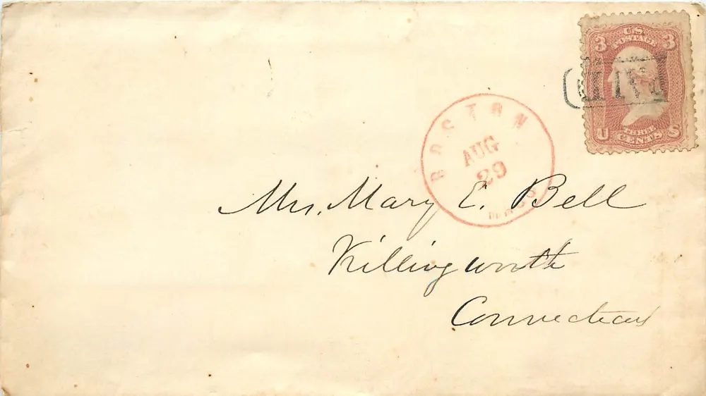 Carta postal destinada a Killingworth, Connecticut — selo de 3 centavos e carimbo de Bucton, agosto de 1889 - Frente