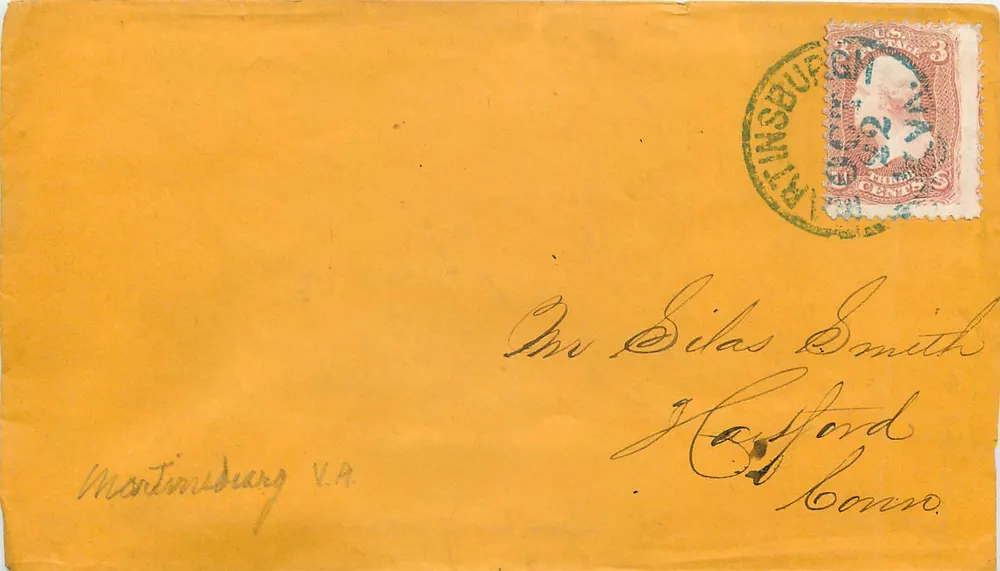 Montimsburg V.A. — Envelope amarelo com selo de 3 centavos e carimbo de RITINSBURG — destinado a Mr Elias Smith em Hayford, Conn. - Frente