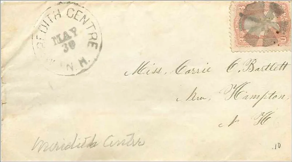 Miss Carrie C. Bartlett — South Centre, N.M. — selo de 10 centavos - Frente