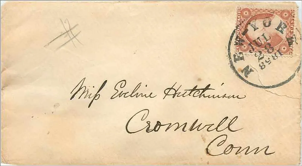 Antike Ansichtskarte — Umschlag an Miss Eveline Hitchinson in Cromwell, Conn. — Stempel und Postmarke New York - Vorderseite