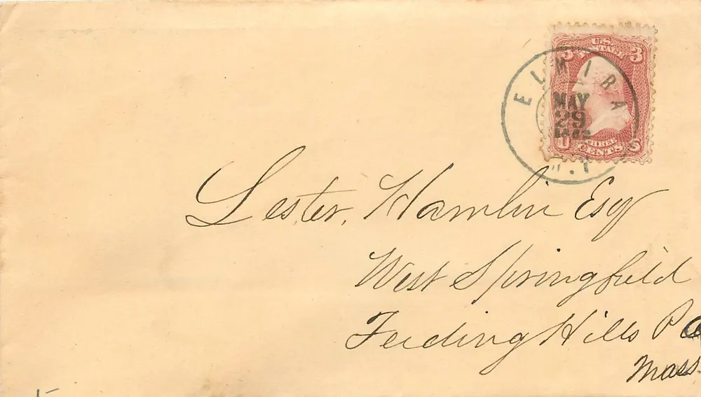 Karte an Lester, Hamblin & Co., West Springfield, Massachusetts — 3-Cent-Stempel und Poststempel von Elmira, New York - Vorderseite