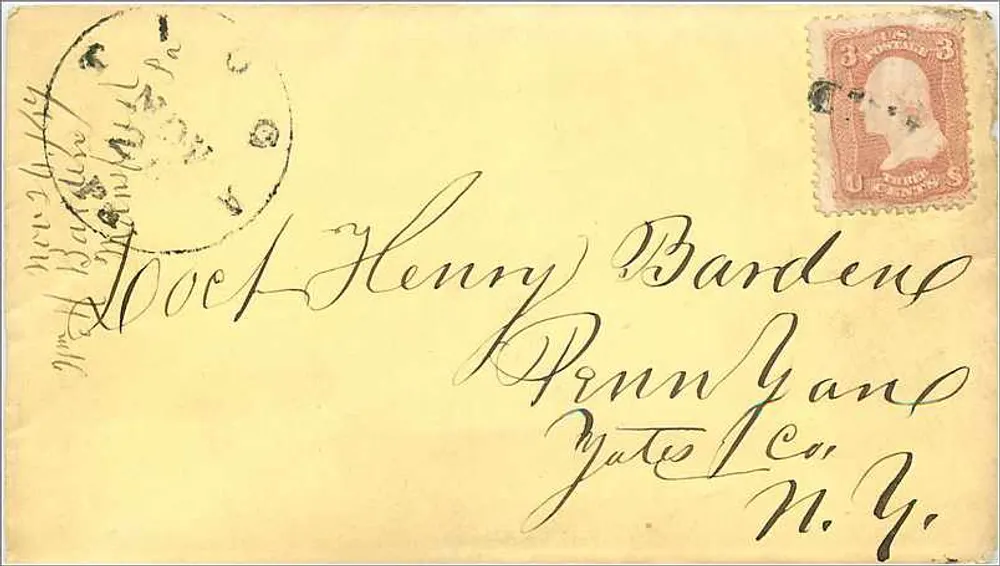Envelope cerca de 1860 — Henry Bardene, Yutes L. Co., N.Y. — selo de 3 centavos Jefferson - Frente