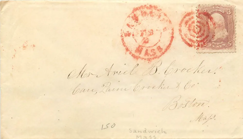 Carta postal endereçada ao Sr. Ariel B. Crocker em Boston — selo de 5 centavos e carimbo de Sandwich, Mass. - Frente