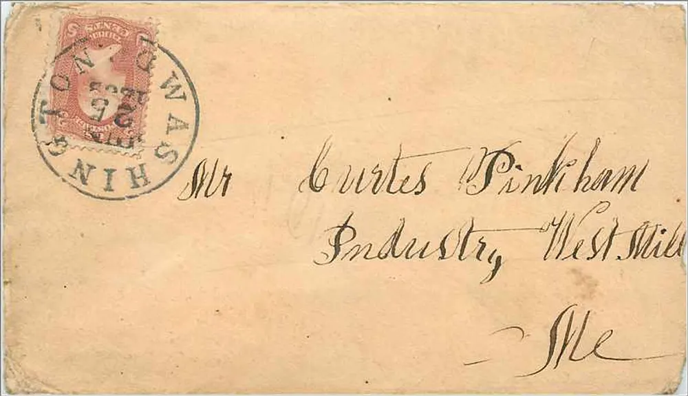 Washington — envelope para o Sr. Burtes Pinkham — selo de 3 centavos e carimbo postal - Frente