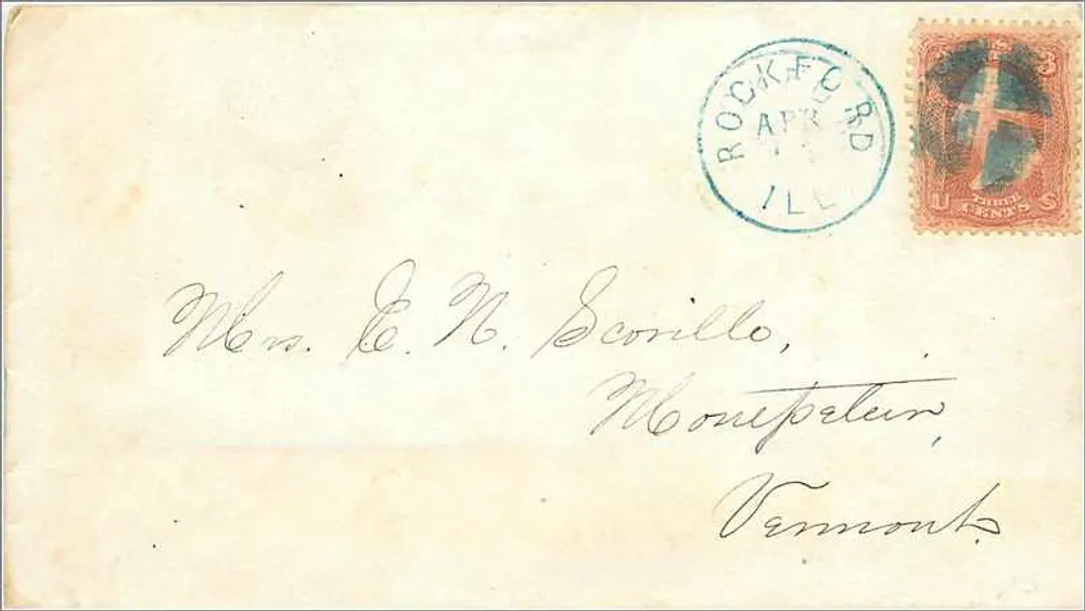 Rockford, Illinois — Envelope remetido a Sra. E. N. Scorillo em Montpelier, Vermont — selo de 3 centavos azul e carimbo de Rockford - Frente
