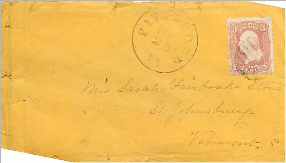 Pittsburgh — envelope amarelo com selo de 3 centavos — editor desconhecido, número de série não visível - Frente