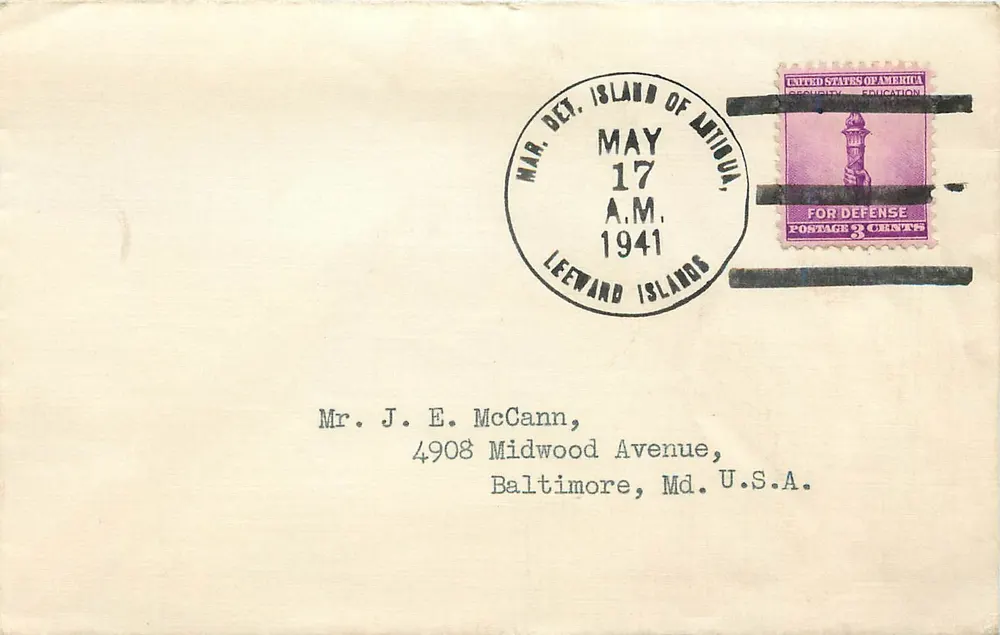Mar. Det. Insel Antigua — 17. Mai 1941 — 3 Cent-Stempel 'Pour la Défense' - Vorderseite