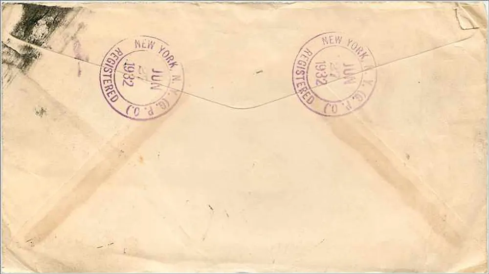 Beglaubigte Sendung — New York, Juni 1932 — unbekannter Verlag - Rückseite