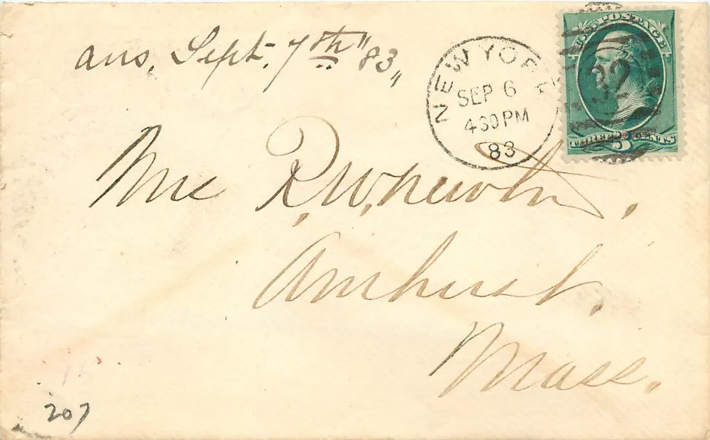 New York City — Brief an Amherst, Massachusetts — 3-Cent grüner Briefstempel - Vorderseite