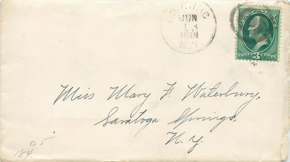 Carta postal destinada a Miss Mary F. Waterbury em Saratoga Springs — selo de 3 centavos e carimbo de Saratoga Springs, 14 de junho de 1881 - Frente