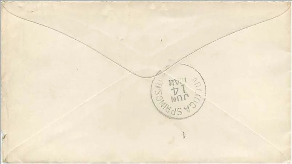 Carta postal destinada a Miss Mary F. Waterbury em Saratoga Springs — selo de 3 centavos e carimbo de Saratoga Springs, 14 de junho de 1881 - Verso