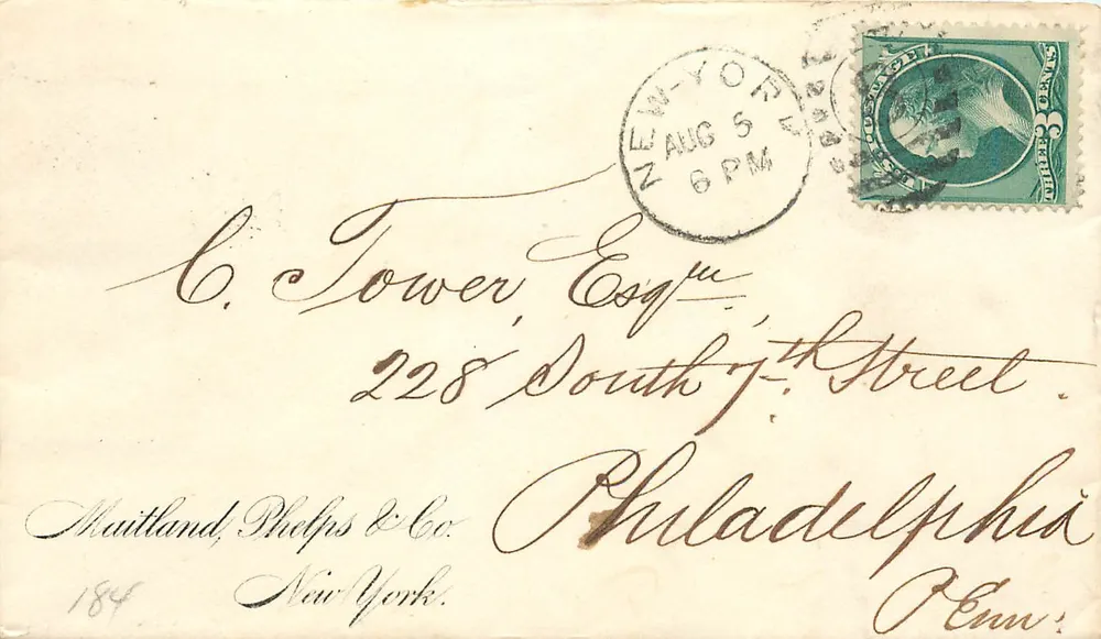 New York — Brief an C. Tower, Esq. in Philadelphia — 3 Cent grün, Briefmarke 1861, Poststempel New York - Vorderseite